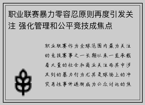 职业联赛暴力零容忍原则再度引发关注 强化管理和公平竞技成焦点